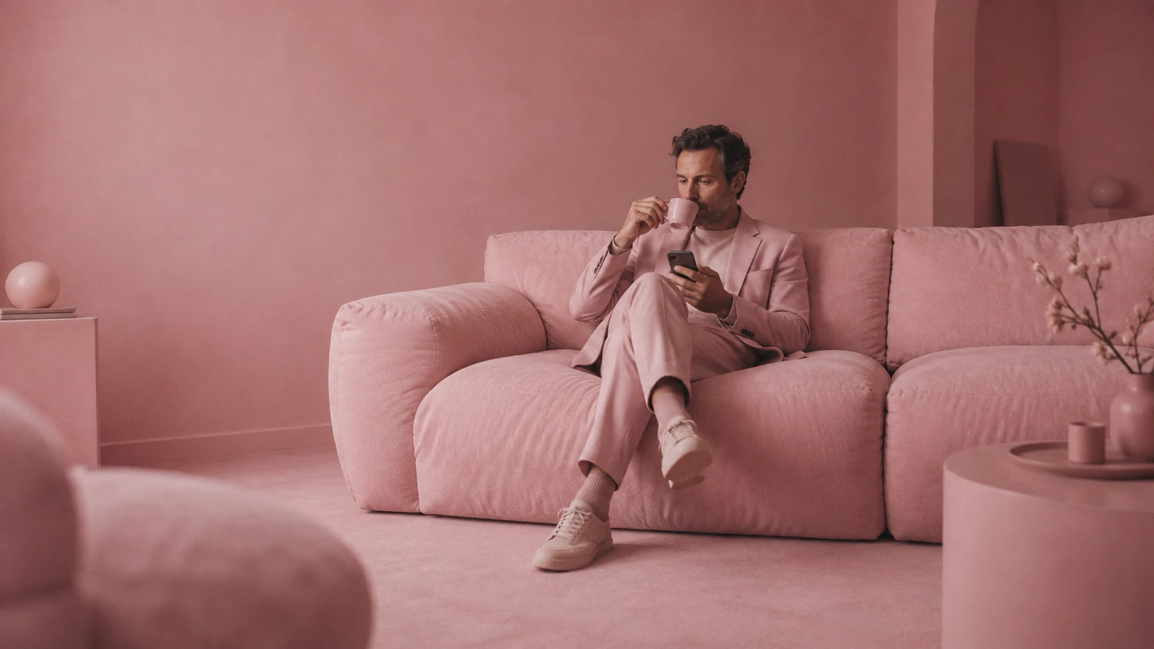 A man in a powder-pink suit takes a quiet coffee break on a pink couch, phone in hand.